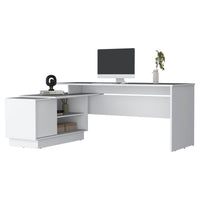 Weir L Shaped Desk In Melamine, White White White Computer Desk Office Minimalist,Modern Freestanding L Shape Shelves Desk Particle Board Melamine