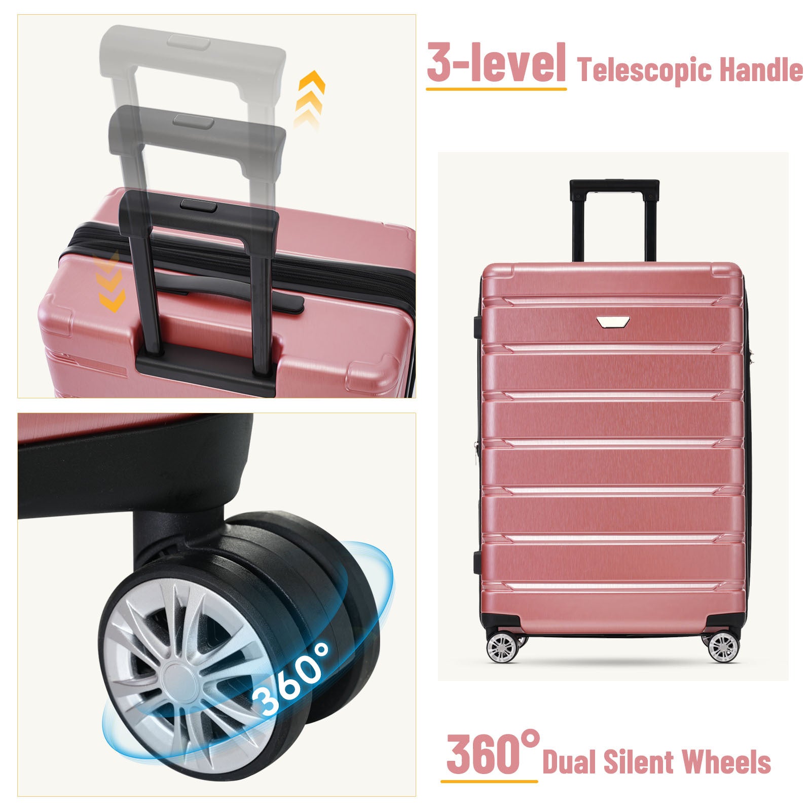 3 Piece Luggage Set Suitcase Set, Lightweight Durable Suitcase With Wheels And Tsa Lock, Expandable Travel Family Luggage For Men Women 20" 24" 27" Rose Gold Abs Pc