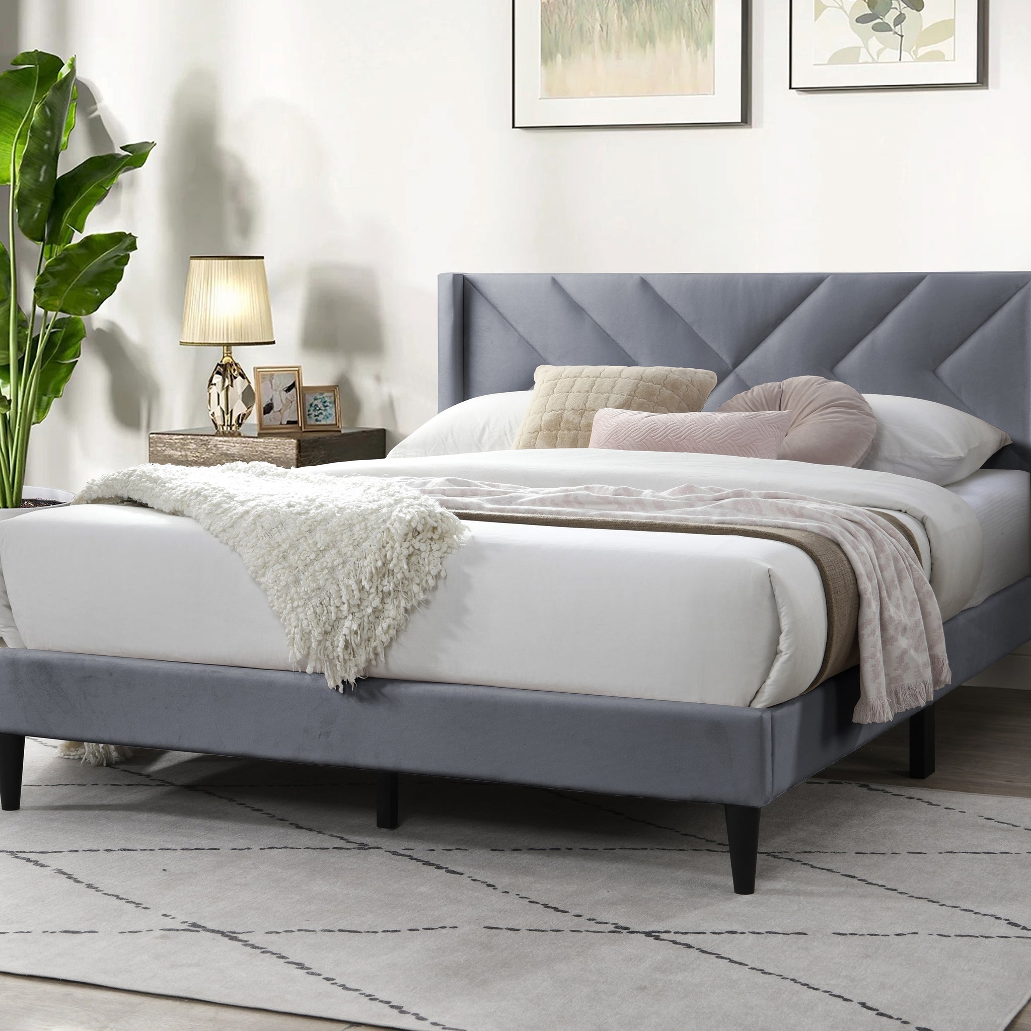 Elegant Modern Gray Velvet Upholstered Queen Size Bed Clean Lines Design Headboard 1Pc Bedframe Box Spring Not Required Queen Grey Wood Bedroom Contemporary,Modern Bed Frame Velvet Velvet