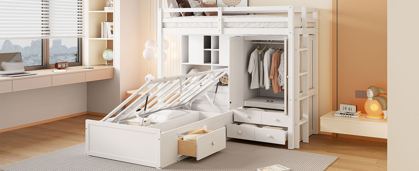 Twin Bunk Bed With Drawers, Wardrobe, Storage Shelves And Hydraulic Bed,White White Mdf Lvl