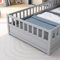 Twin Size Floor Bed, Integral Construction With Super High Security Barrier, Door, Children'S Floor Bed Frame, Montessori Wooden Children'S Floor Bed, Grey Box Spring Required Twin Grey Wood Brown