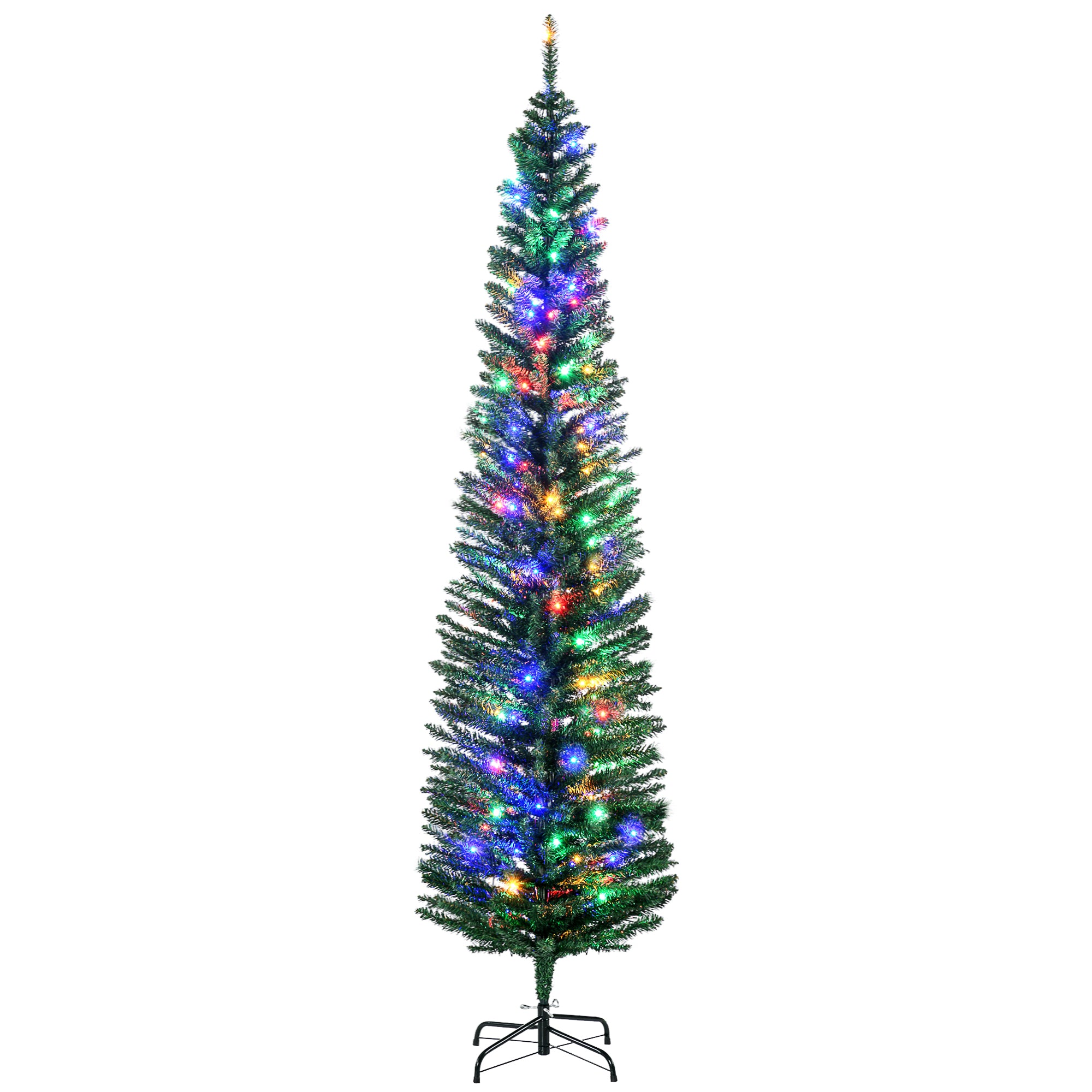 Homcom 7Ft Tall Pencil Prelit Artificial Christmas Tree Holiday D Cor With 499 Branches, 180 Colorful Led Lights, Steel Base, Green Green Plastic