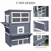 Pawhut 3 Story Cat House Feral Cat Shelter, Outdoor Kitten Condo With Raised Floor, Asphalt Roof, Escape Doors, Jumping Platforms, Dark Gray Dark Gray Wood