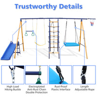 500 Lbs 7 In 1 Swing Set For Kids Backyard Outdoor A Frame Heavy Duty Metal Swing Sets With Slide, 2 Swing Seats, 1 Climbing Net & Ladder, 1 Gym Ring, 1 Basket Multicolor Steel