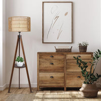 Boho Tripod Floor Lamp With Shelves, Mid Century Wood Standing Lamp With Rattan & Fabric Shades, On Off Foot Switch, Modern Farmhouse Tall Floor Lamps For Living Room Bedroom Office Brown Wood Fabric Rattan