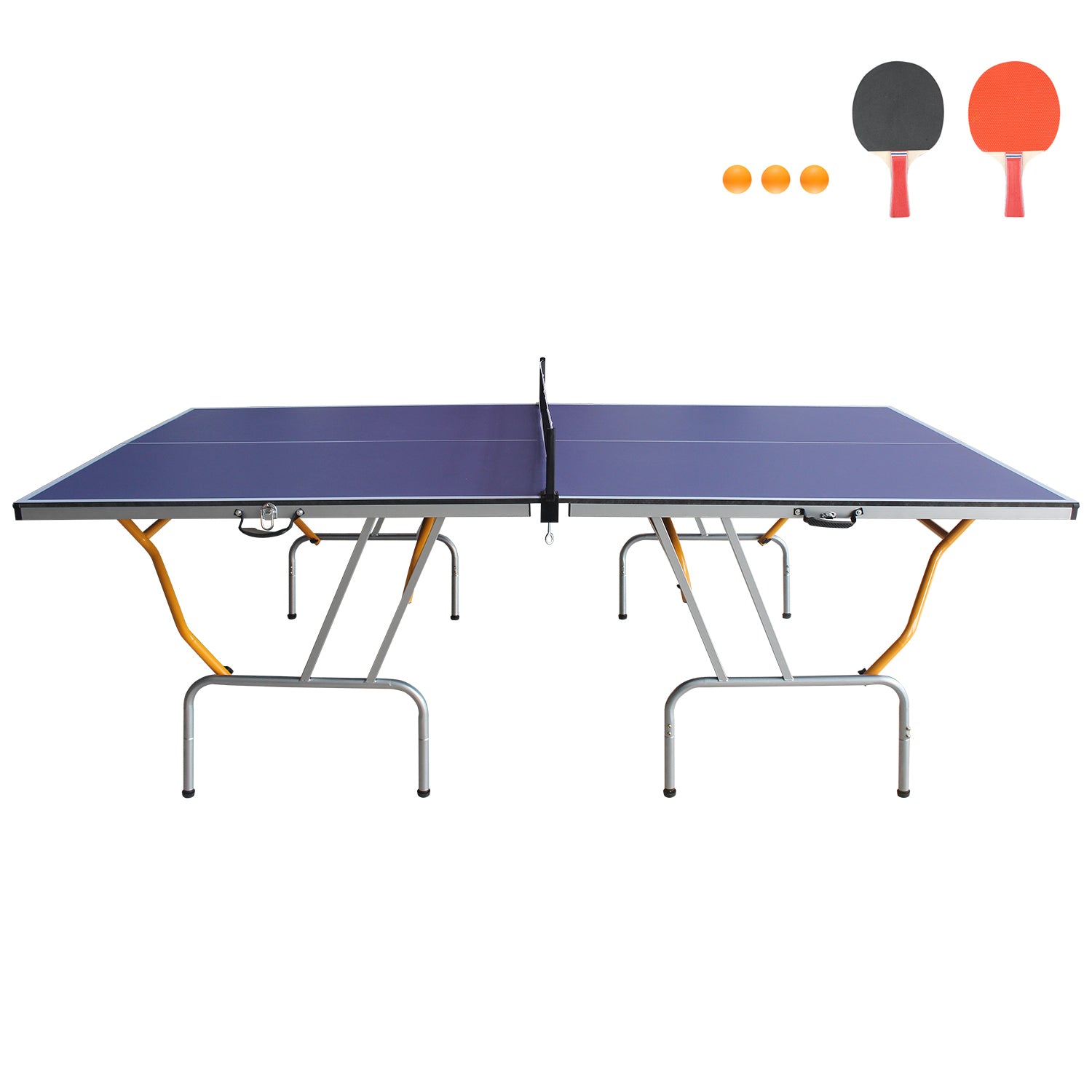 8Ft Mid Size Table Tennis Table Foldable & Portable Ping Pong Table Set For Indoor & Outdoor Games With Net, 2 Table Tennis Paddles And 3 Balls Blue Mdf