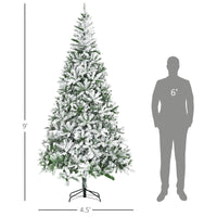 Homcom 9' Tall Unlit Snow Flocked Pine Artificial Christmas Tree With Realistic Branches, Green Green Plastic