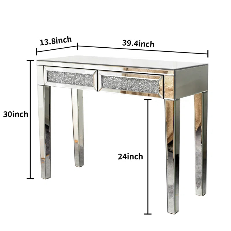 Mirrored Vanity Table Diamond Inlay 2 Drawer Silver Drawer 2 Drawers Bedroom Luxury,Modern Mirrored Finish Mirrored Mdf Glass,Mirror