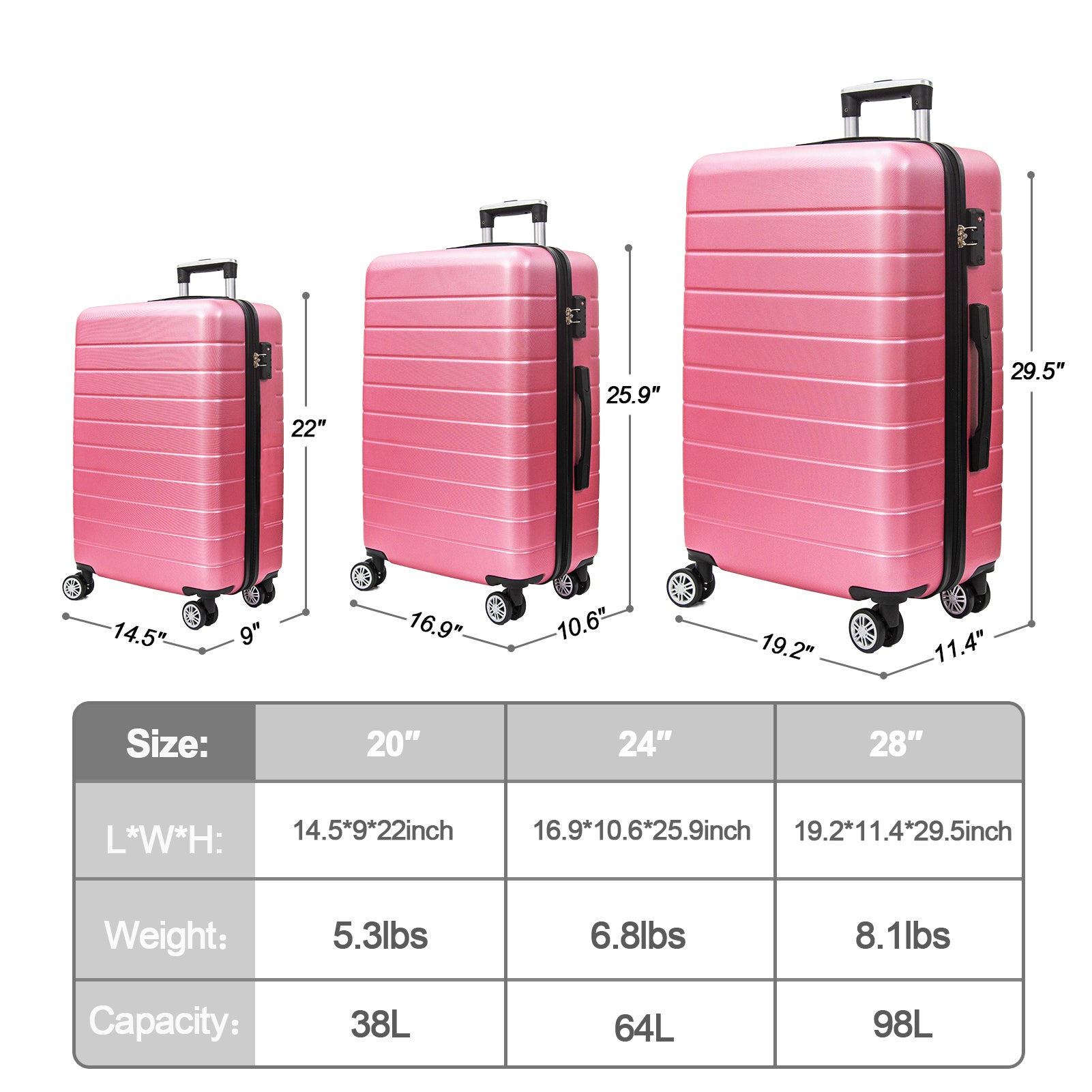 3 Piece Luggage Set Travel Lightweight Suitcases With Rolling Wheels,Tsa Lock & Abs Hard Shell ,Carry On Luggages For Business, Trip, 20 24 28 Pink Abs