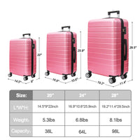 3 Piece Luggage Set Travel Lightweight Suitcases With Rolling Wheels,Tsa Lock & Abs Hard Shell ,Carry On Luggages For Business, Trip, 20 24 28 Pink Abs