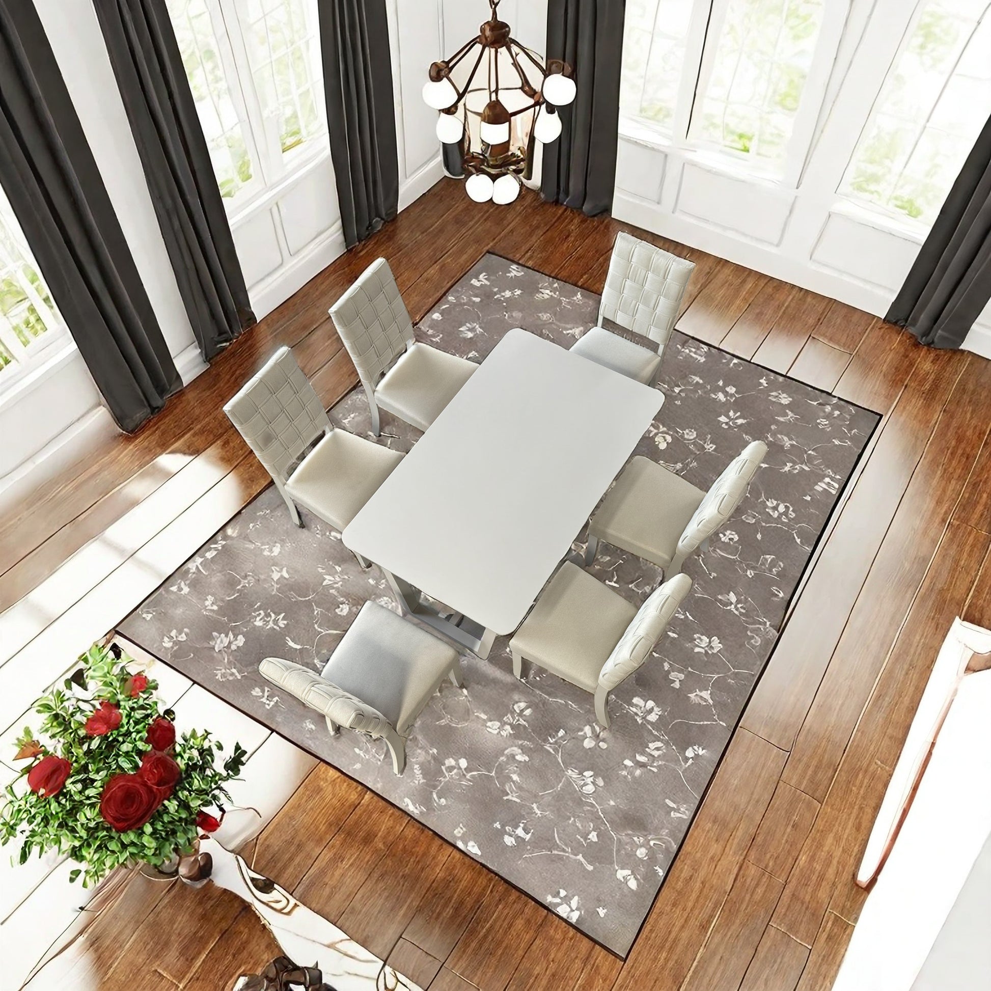 Fx D1 D1Dining Set Include 6*Chair Light Beige Colorlinen & Rubber Wood White Color Legs And 1*Table Light Grey Withe Color Total 7 Pcs Light Beige Wood Fabric