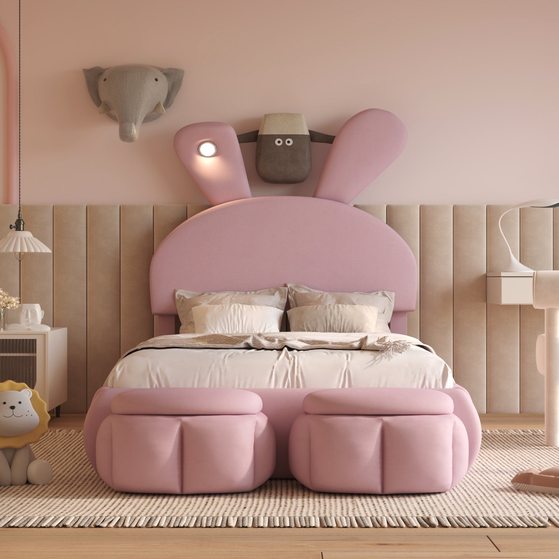 Twin Size Upholstered Platform Bed With Cartoon Ears Shaped Headboard And Light, Pink Box Spring Not Required Twin Pink Wood Bedroom Bed Frame Velvet Upholstered