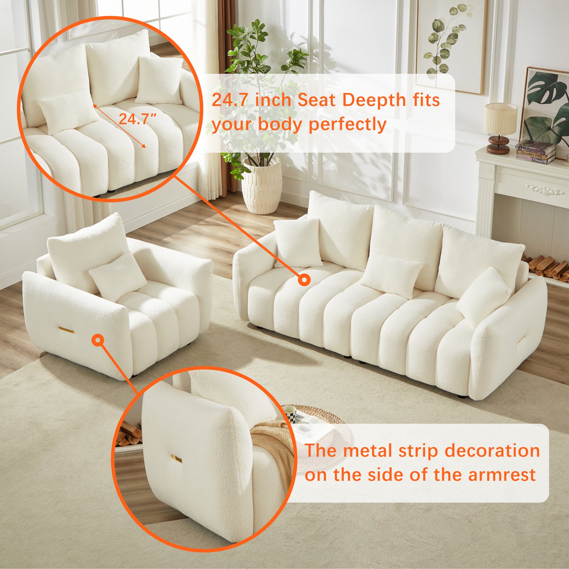 3 Seater 1 Seater 1 Seater, Combo Sofa Modern Living Room Sofa, Teddy Sofa, Wooden Frame, 5 Cushions, Apartment Sofa Furniture Beige Wood Primary Living Space Pine Foam Fabric 5 Seat