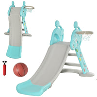 Qaba 2 In 1 Kids Slide With Basketball Hoop, Foldable Toddler Freestanding Slider Playset, For 18 Months 4 Years Deer Shaped, Includes Basketball, Pump Blue Blue Plastic