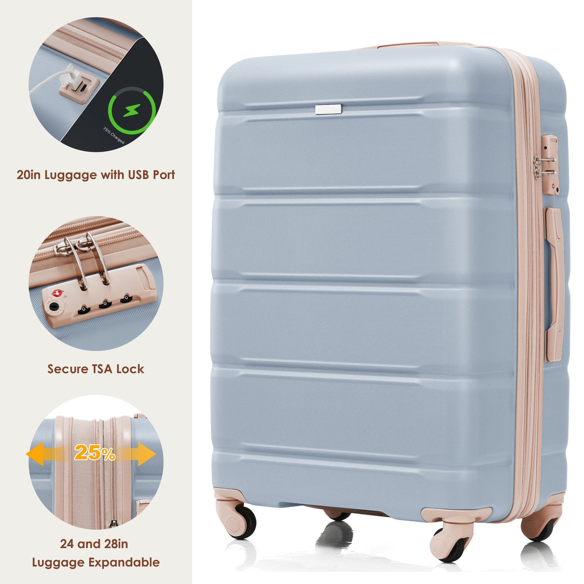 Luggage Set Of 3, 20 Inch With Usb Port, Airline Certified Carry On Luggage With Cup Holder, Abs Hard Shell Luggage With Spinner Wheels, Light Blue And Golden Light Blue Abs