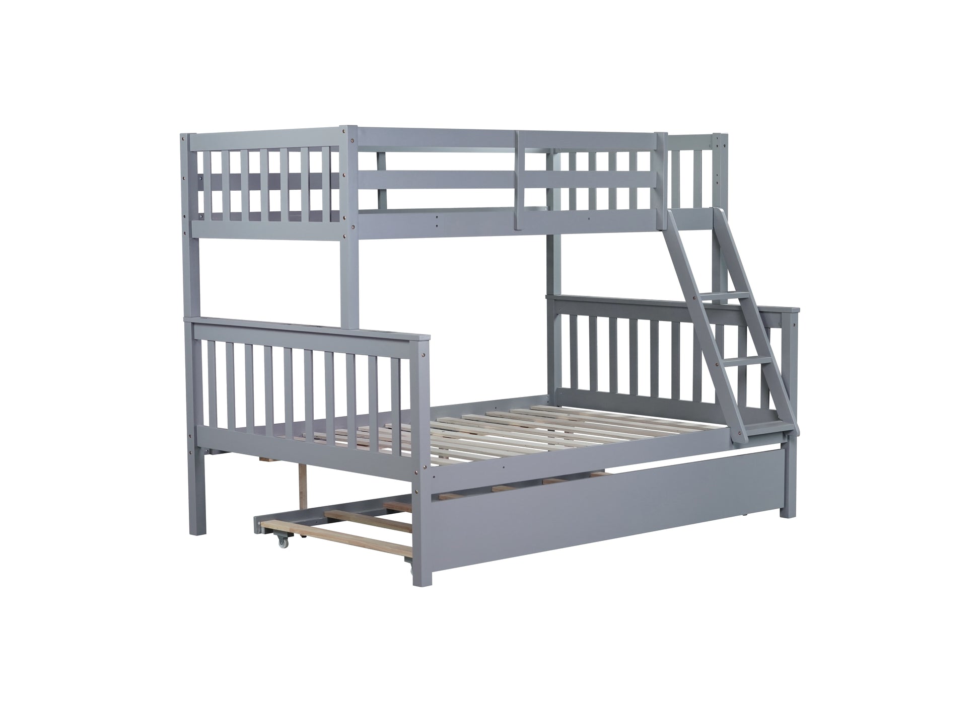 Twin Over Full Rubber Wood Bunk Bed With Trundle, Convertible Ladder And Guardrail, Detachable, Convertible Bed, With Twin Size Trundle ,Grey Twin Grey Rubber Wood