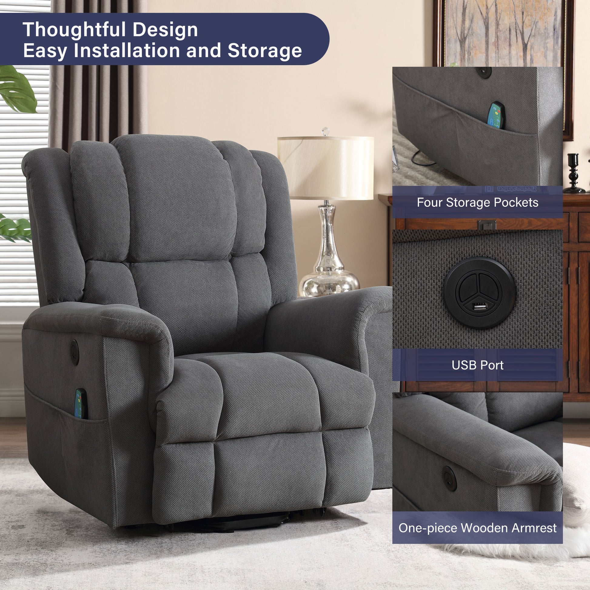 Power Lift Recliner Chair Recliners For Elderly With Heat And Massage Recliner Chair For Living Room With Infinite Position And Side Pocket,Usb Charge Port. Grey Power Remote Wood Soft Fabric