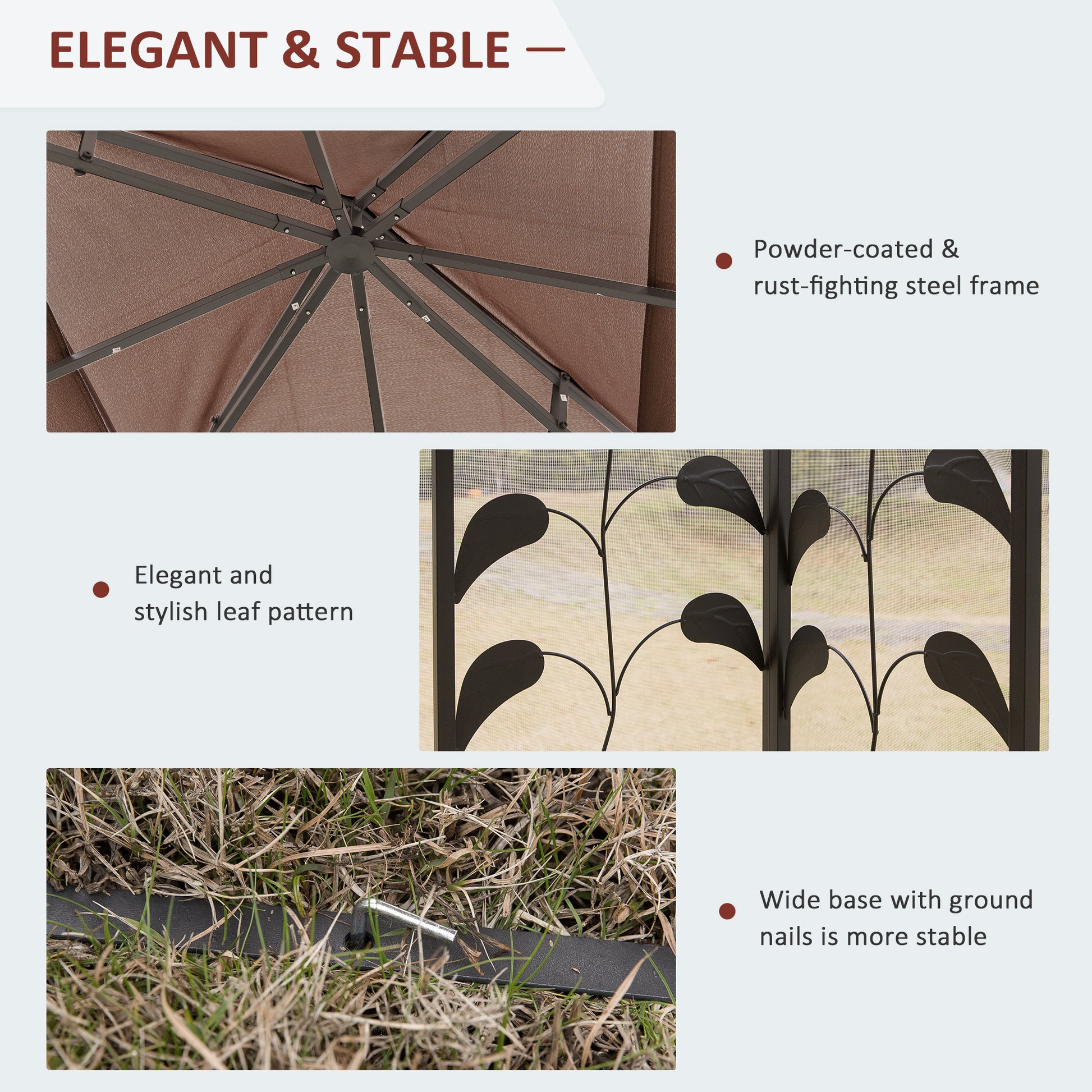 Outsunny 10' X 10' Metal Patio Gazebo, Double Roof Outdoor Gazebo Canopy Shelter With Tree Motifs Corner Frame And Netting, For Garden, Lawn, Backyard, And Deck, Brown Brown Polyester