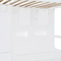 Twin Bunk Bed With Drawers, Wardrobe, Storage Shelves And Hydraulic Bed,White White Mdf Lvl