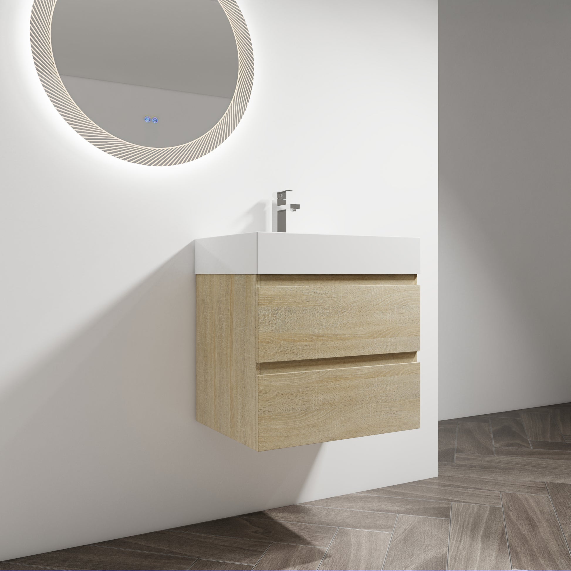 24" Wall Mounted Bathroom Vanity With Resin Sink, 2 Soft Close Drawers, Kd Package 2 Light Oak Bathroom Wall Mounted Modern Plywood