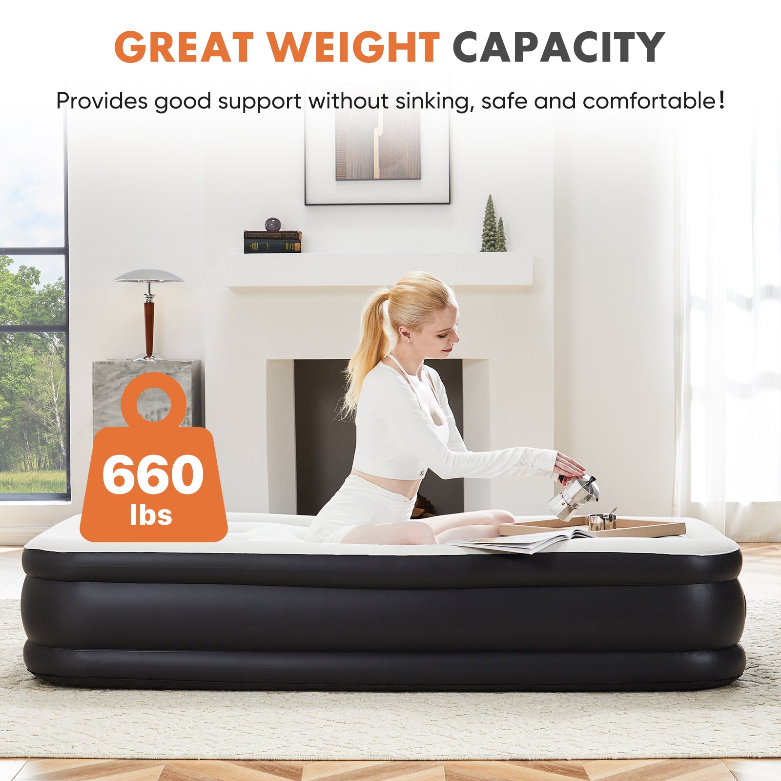 Inflatable Air Mattress With Built In Pump, Queen Size 22In Black Pvc