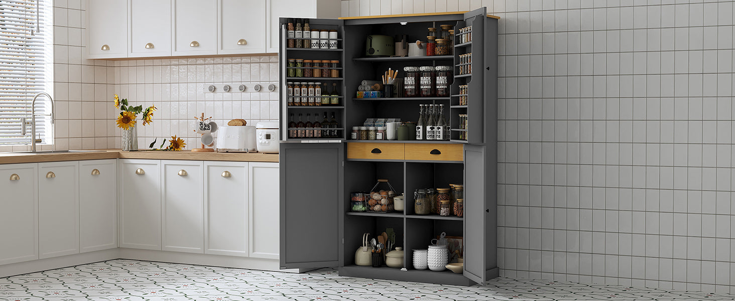 Assembly 40.2X20X71.3Inch High Freestanding Kitchen Pantry Large Cupboard Storage Cabinet With 2 Drawers, 2 Adjustable Shelves, 8 Door Shelves For Kitchen, Dining Room,Gray Gray Kitchen Farmhouse