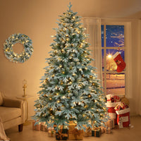 7Ft Lighted Artificial Christmas Tree With Wreath Set Of 2Christmas Tree Holiday Decoration, Creative Decorated Trees, Xmas Tree Christmas Decorations For Christmas Green Pvc