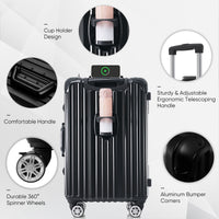 1Pc 28In Aluminum Frame Luggage With Usb Port, Vacation Carry On Suitcase With Spinner Wheels And Tsa Lock, Travel Trolley Case For Short Business Trips, Beach Holidays, Black Black Abs Pc