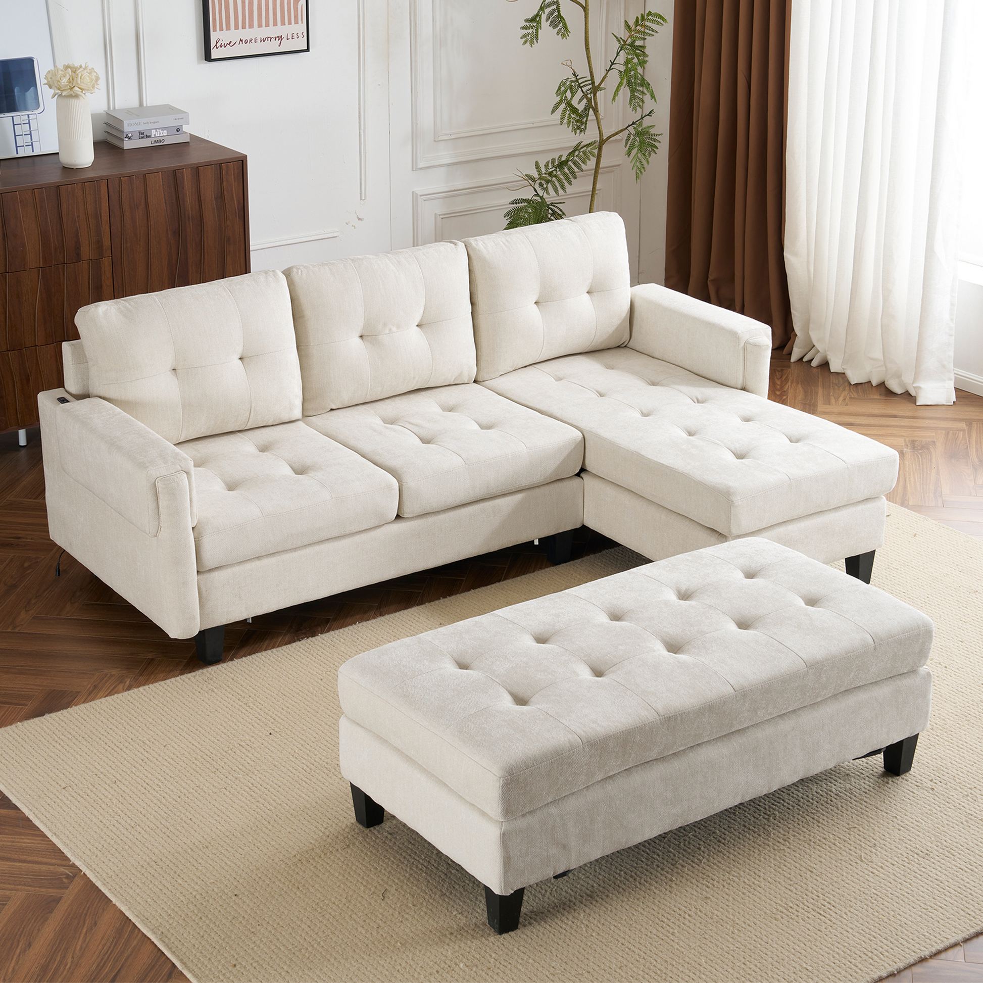 83.4" L Shaped Sofa Sectional Couch Sofa Bed With Two Usb Ports, A Movable Ottoman And A Reversible Chaise Lounge For Living Room, Beige Beige Foam Chenille 5 Seat