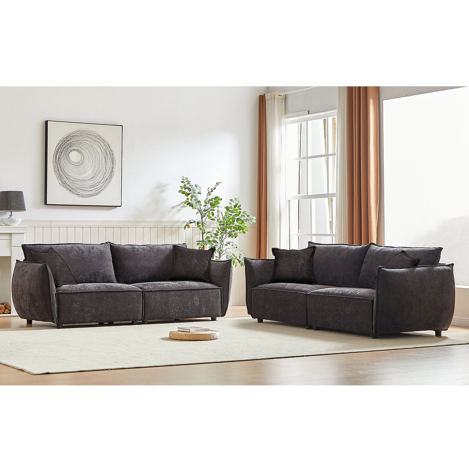 3 Seater 3 Seater Combo Sofa Modern Living Room Sofa, Linen Fabric Sofa, Wooden Frame With 4 Pillows, Apartment Sofa Furniture Black Chenille Wood Primary Living Space Pine Foam Fabric 6 Seat