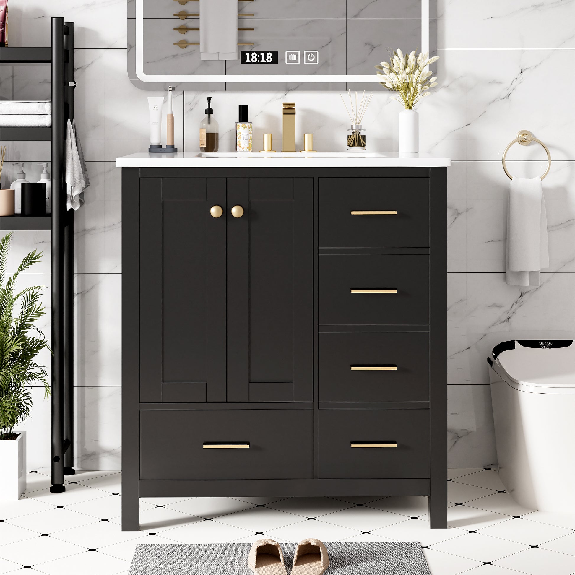 30'' Bathroom Vanity With Resin Sink Combo, Solid Wood Frame Bathroom Storage Cabinet, Freestanding Vanity Set With 4 Drawers& Soft Closing Doors, Black Black Bathroom Modern Solid Wood Mdf Resin