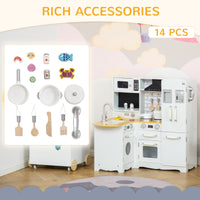 Qaba Large Play Kitchen With Full Set Of Appliances For A Modern Day Pretend Kitchen, Tons Of Storage, Corner Play Kitchen Set With Sound Effect, Educational Pretend Role Playset Game White Silver Mdf