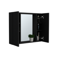 Draco Medicine Cabinet, Mirror, Double Door, One External Shelf Black 2 1 Bathroom Wall Mounted Modern Mdf Engineered Wood