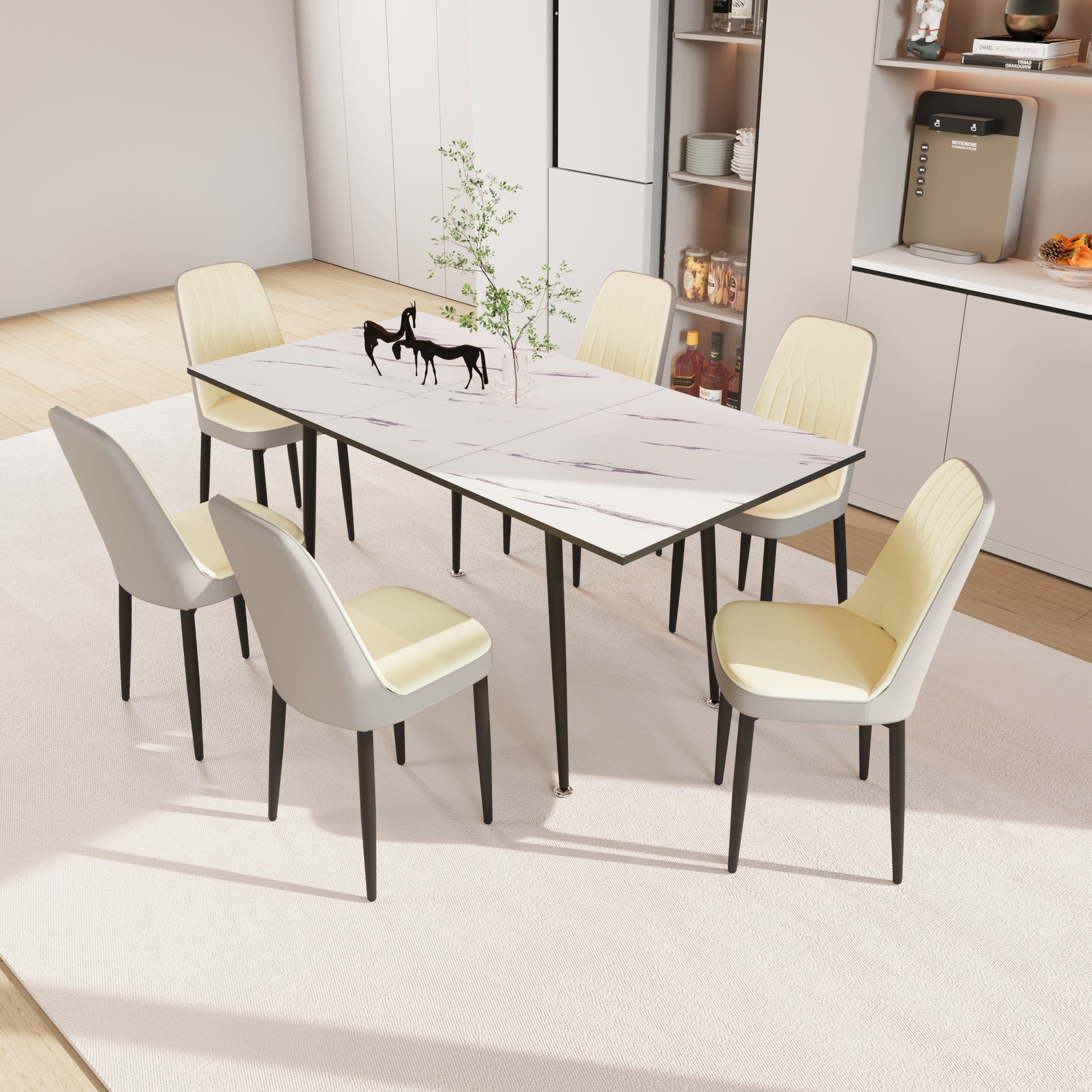 An Expandable Dining Table Set For 2 6 People, Equipped With Pu Fabric Thick Cushioned Dining Chairs And An Elegant And Spacious Dining Tablekitchen Table And Chair Set, With Black Metal Legs Beige