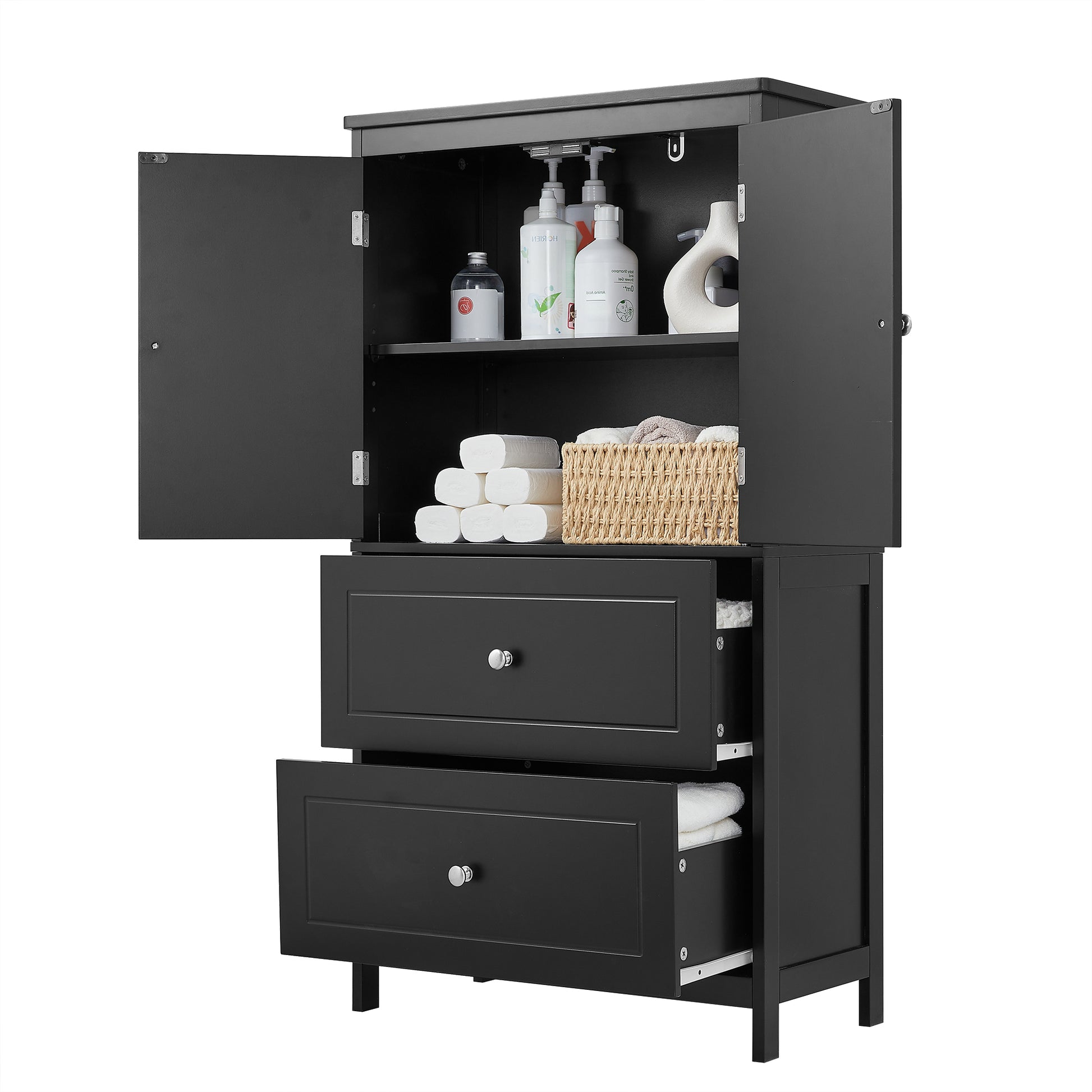 Bathroom Storage Cabinet, Cabinet With Two Doors And Drawers, Adjustable Shelf, Mdf Board, Black Black Mdf