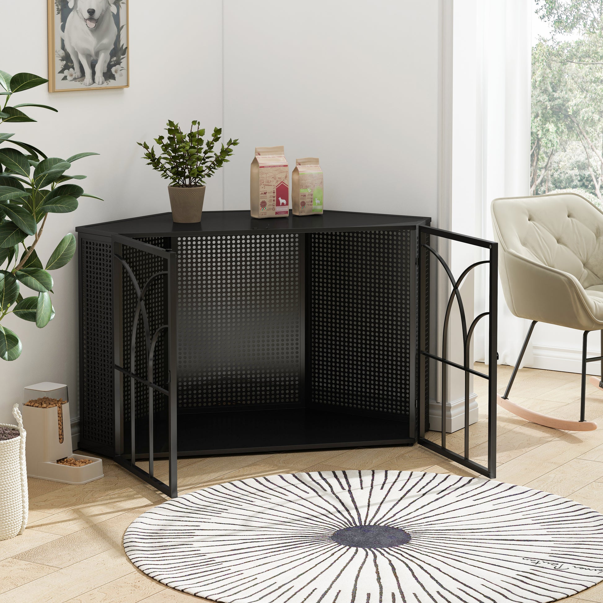 47.24"Spacious Dog Cage With Tempered Glass, For Corner Of Living Room, Hallway, Study And Other Spaces, Black Black Metal