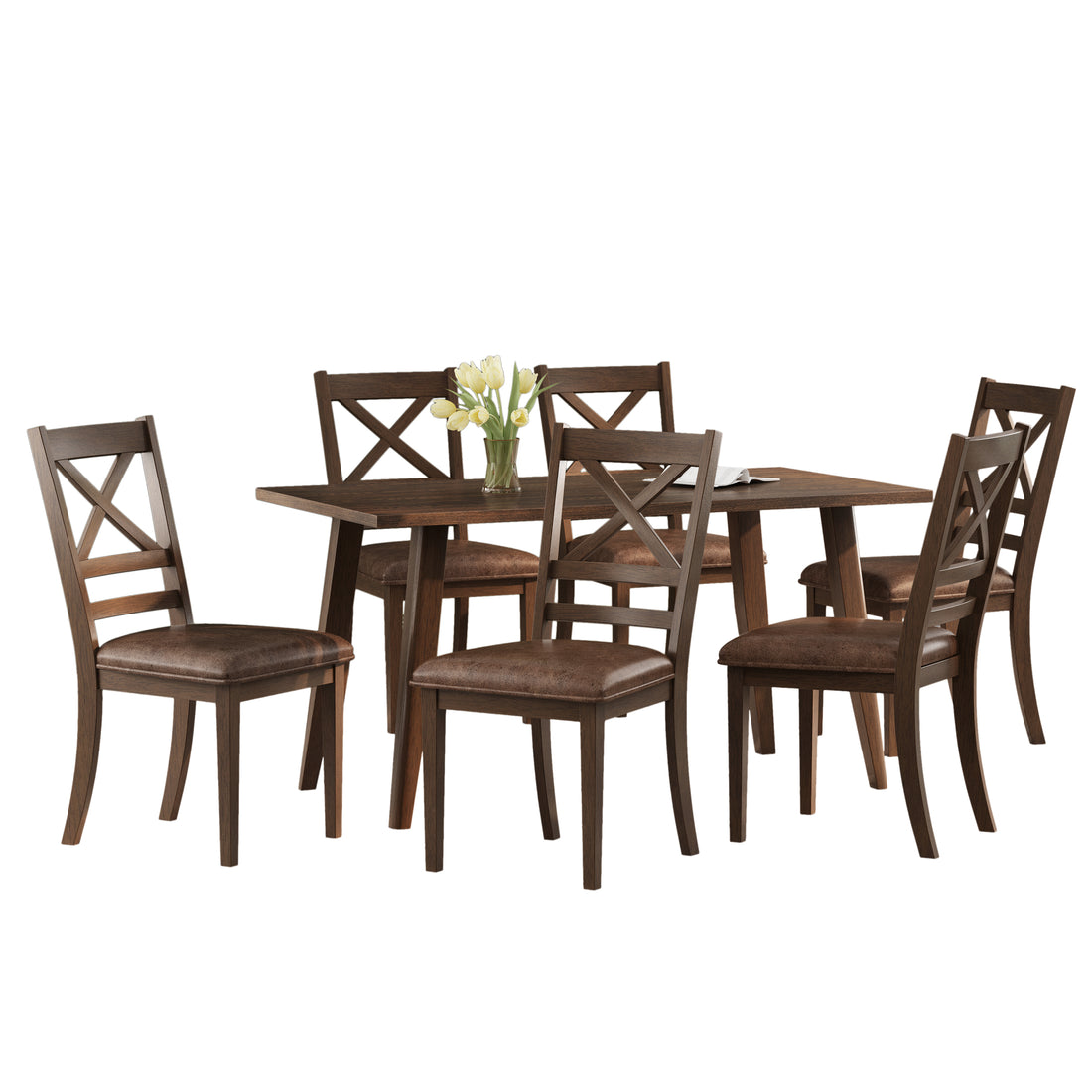 Indoor Wood Dining Set,Dining Chairs Set Of 6 Dining Table Brown Brown Rubber Wood