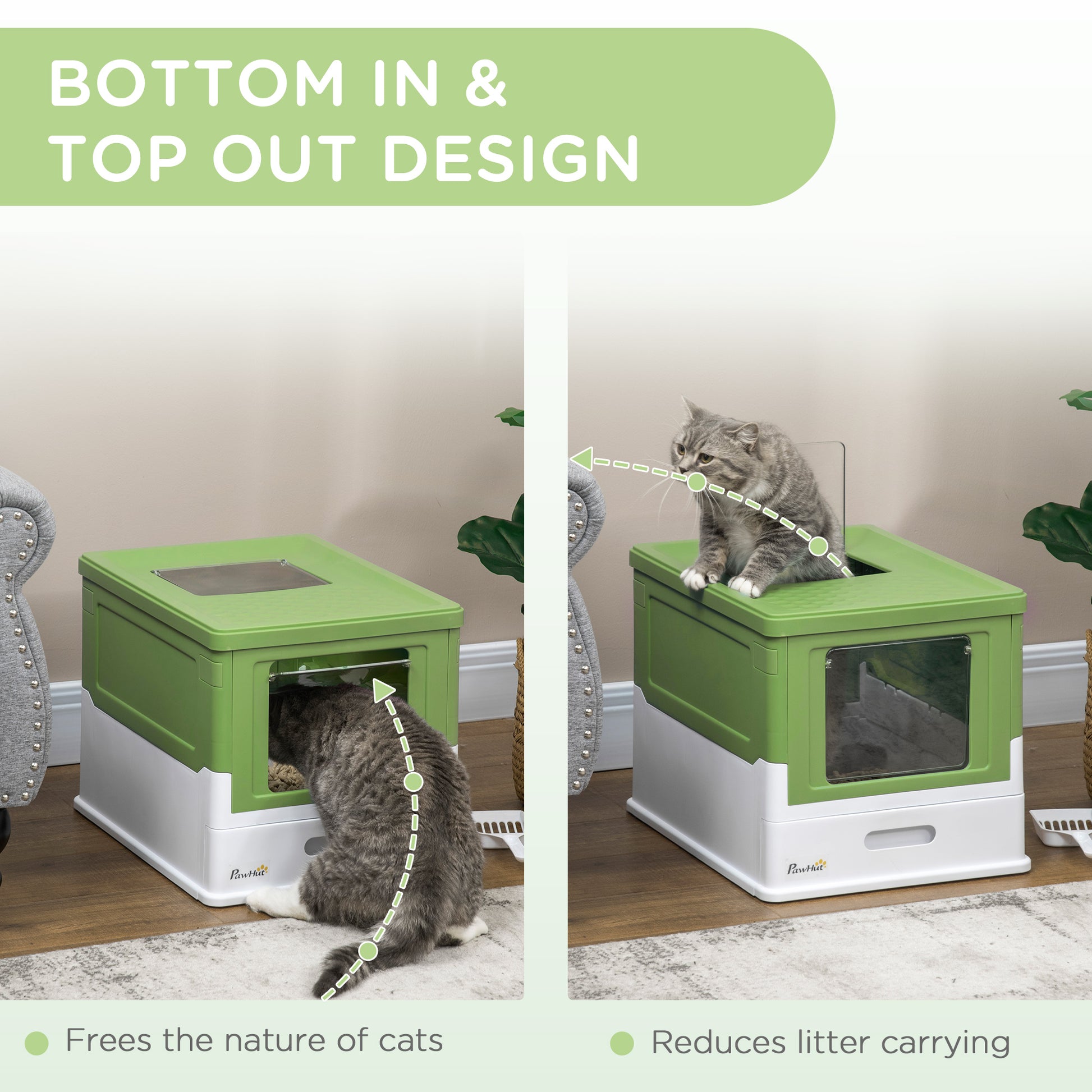 Pawhut Fully Enclosed Cat Litter Box With Scoop, Hooded Cat Litter House With Drawer Type Tray, Foldable Smell Proof Cat Potty With Front Entry, Top Exit, Large Space, Yellowish Green Green Plastic