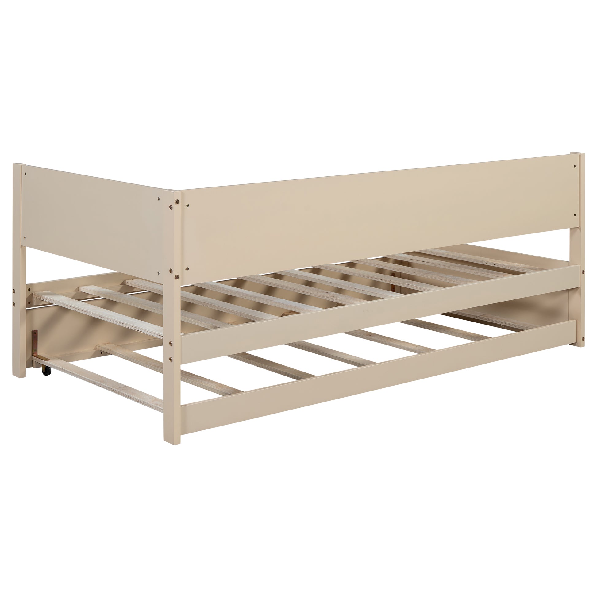 Twin Size Wood Daybed With Trundle And Guardrail, Beige Box Spring Not Required Beige Wood Solid Wood Mdf