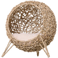 Pawhut 20.5" Weaved Cat Bed, Elevated Hand Woven Braided Banana Leaf Kitten House Condo With Cushion, Beige Beige Rattan
