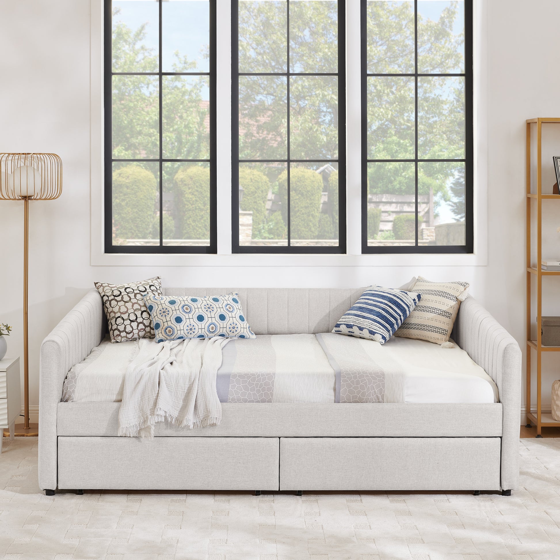 Queen Size Daybed With Two Drawers Trundle Upholstered Sofa Bed, With Vertical Stripes, Linen Fabric, Beige 86.5"X65"X30" Beige Linen