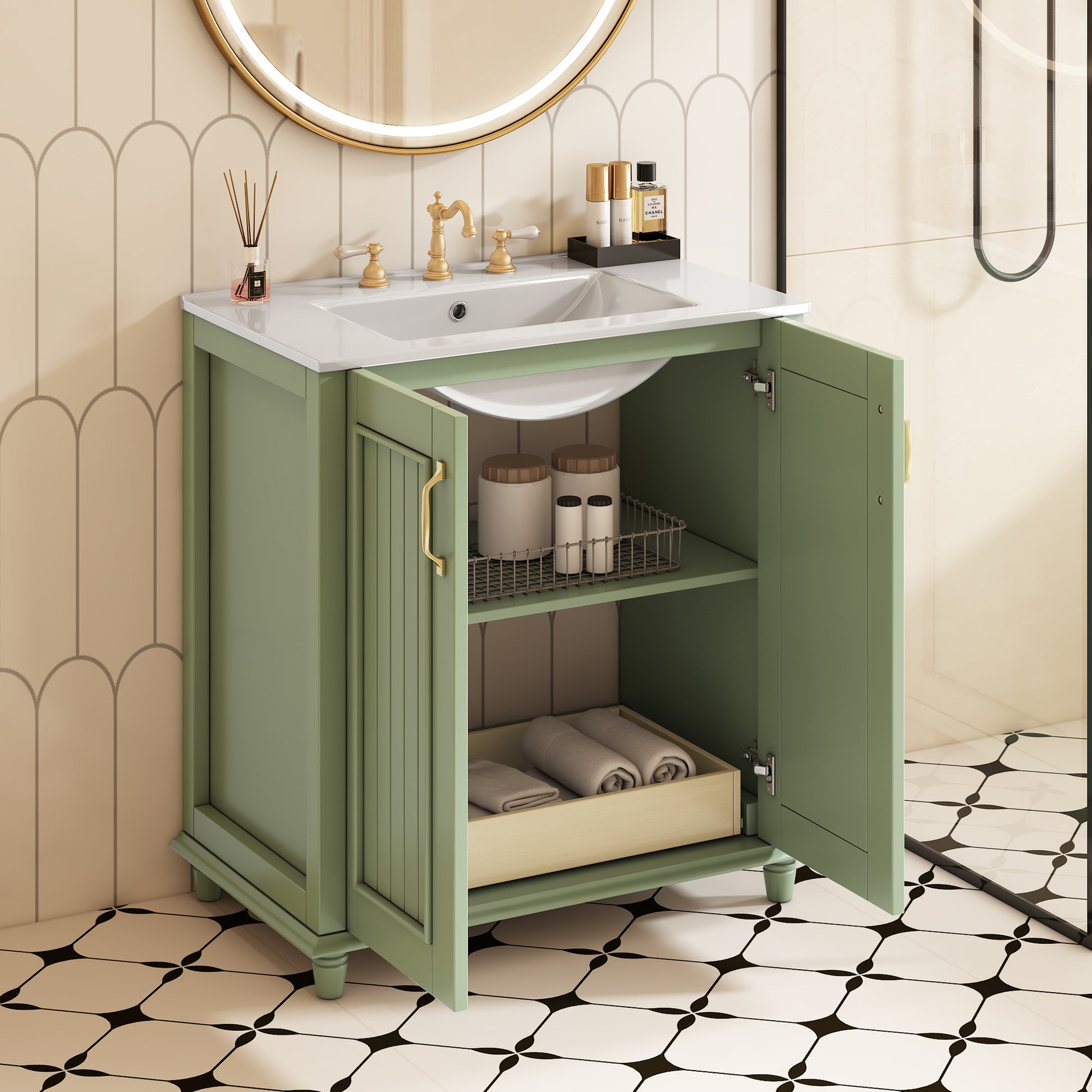 30 Inch Bathroom Vanity With Resin Sink, Freestanding Bathroom Vanity Set With Hidden Drawer, Storage Cabinet For Bathroom, Solid Wood Frame Bathroom Cabinet Green Bathroom Modern Solid Wood Mdf Resin