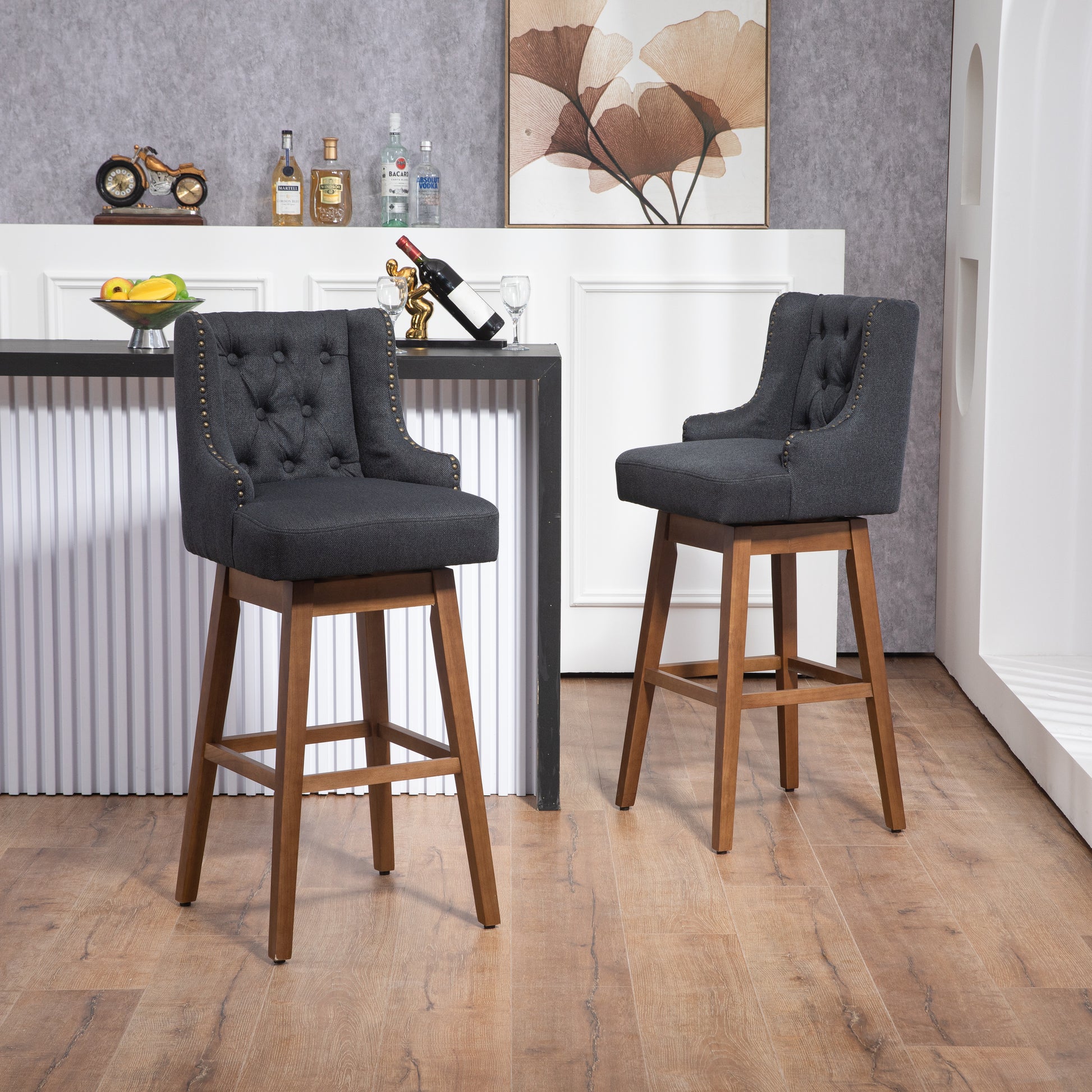 Coolmore Bar Stools Set Of 2 Counter Height Chairs With Footrest For Kitchen, Dining Room And 360 Degree Solid Wood Legs Swivel Bar Stools Set Of 2 Black Linen Black Foam Linen