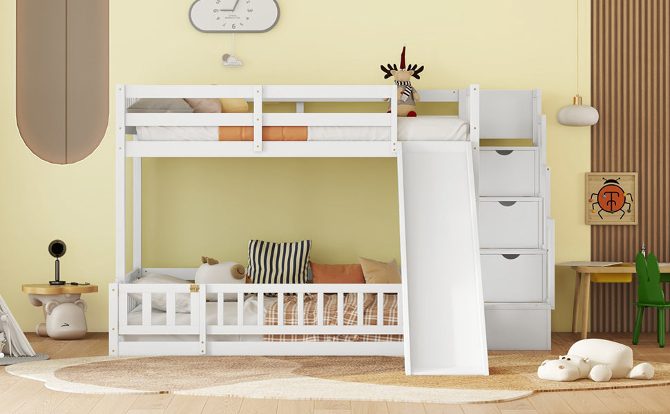 Twin Over Full Bunk Bed With Slide, Storage Staircase, Pine Solid Wooden Bunk Bed With Safety Guardrails,White White Pine