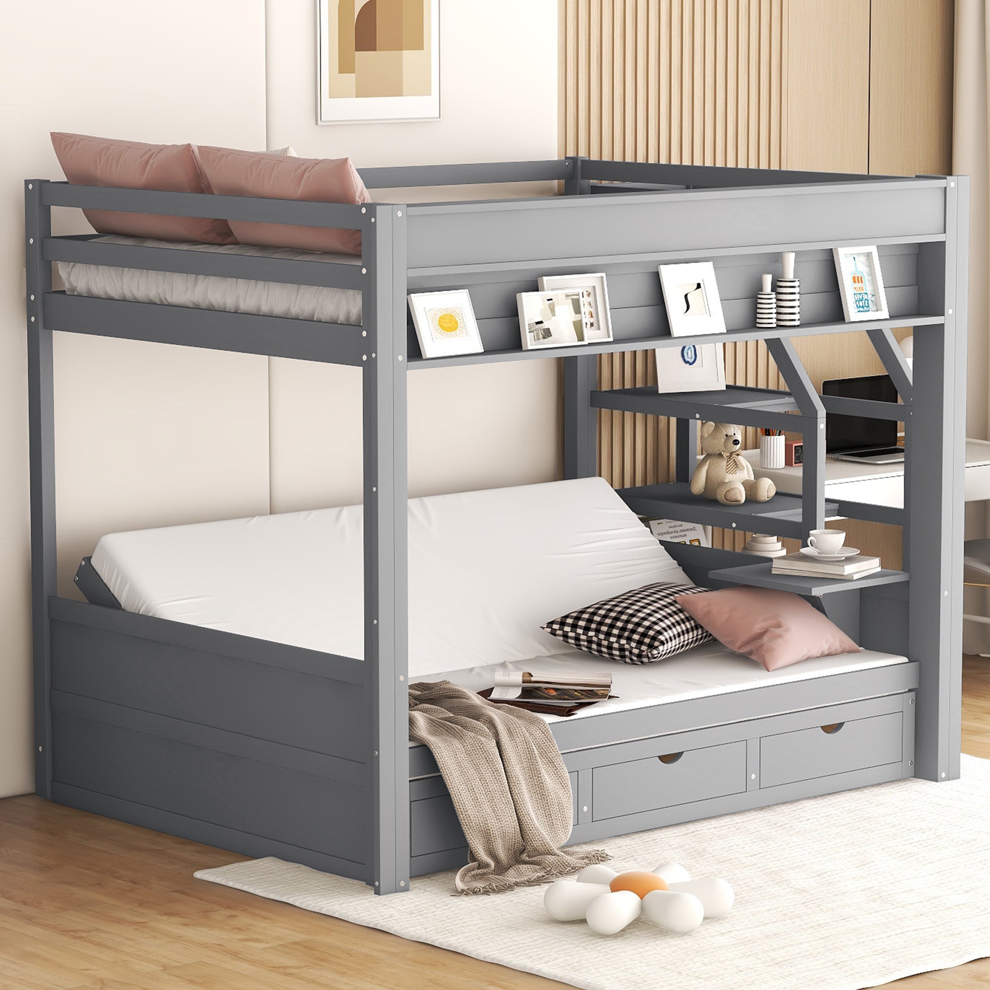 Wood Full Size Convertible Bunk Bed With Storage Staircase, Bedside Table, And 3 Drawers, Gray Gray Solid Wood Mdf