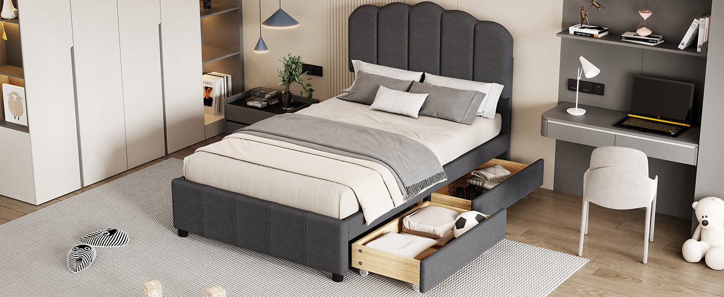 Twin Size Upholstered Bed With 2 Storage Drawers,Wood Slat Support, Gray Twin Gray Upholstered