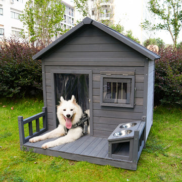 Large Dog House, 44.2" Long X 44.6" Wide X 44.6" High Solid Wood Asphalt Roof Dog House For Large Dogs With Large Terrace, Weatherproof Large Dog House,Complimentary Dog Bowl Gray Solid Wood