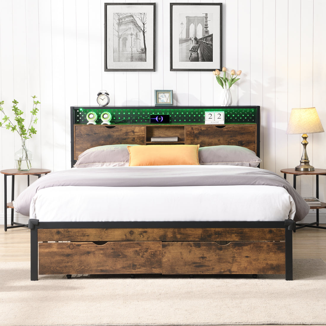 Full Size Metal Platform Bed Frame With Wooden Headboard And With Footboard Usb,Charging Station,2 Drawers,Storage, Led Lights, No Box Spring Needed, Easy Assemble Black Brown Mdf Metal