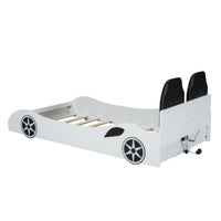 Wood Twin Size Race Car Shaped Platform Bed With Led And Upholstered Backrest, White Expected Arrival Time: 10.28 Box Spring Not Required Twin White Wood Faux Leather,Solid Wood Mdf