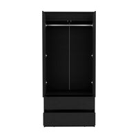 Armoire, Wardrobe Closet With Two Drawers, Hanging Rod, Black Black Solid Wood Mdf Engineered Wood